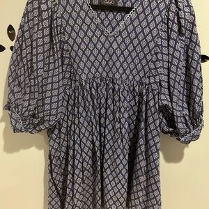 Blue and White Smocked Puff Sleeve Mini Dress